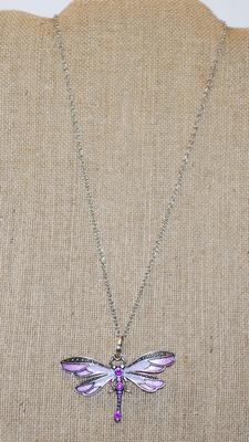 LIGHT & DARK LAVENDERS Dragonfly PENDANT (2½" x 2") on a Silver Tone Necklace Chain 19" L