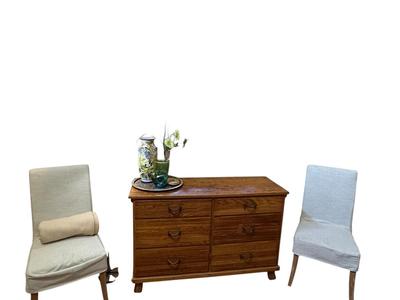 Furniture -Ranch Oak 6 drawer dresser (has horseshoe pulls) and 2 parsons chairs plus decor