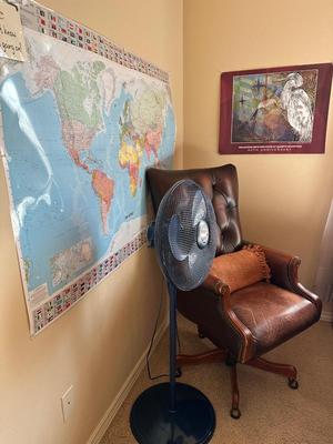 Furniture - Leather Office Chair, standing Fan and decor