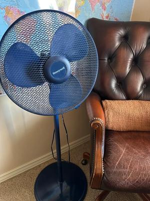 Furniture - Leather Office Chair, standing Fan and decor