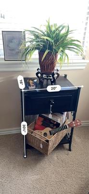 Furniture - Small Black Stand with musical instrument & decor
