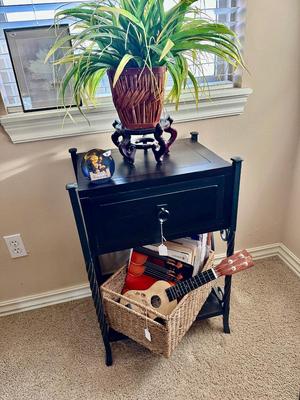 Furniture - Small Black Stand with musical instrument & decor