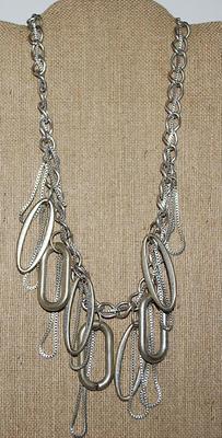 Light Silver Colored LOOPS & RINGS NECKLACE with Small Interwoven "Snake" Strand and Large Lobster Clasp 26" L