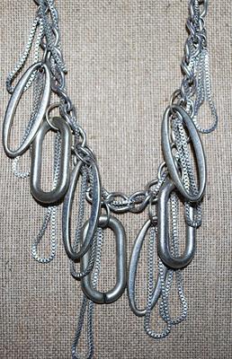 Light Silver Colored LOOPS & RINGS NECKLACE with Small Interwoven "Snake" Strand and Large Lobster Clasp 26" L
