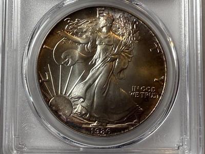 PCGS CERTIFIED 1986 MS69 TONED RIMS SILVER EAGLE DOLLAR AS PICTURED.