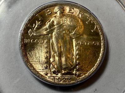 PCGS CERTIFIED RATTLER 1923-P MS63 GOLDEN TONED STANDING LIBERTY QUARTER AS PICTURED.