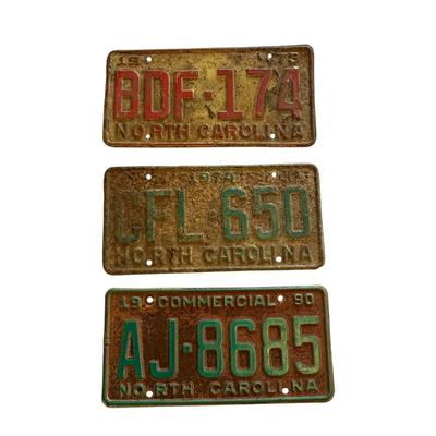 Sale Photo Thumbnail #820: 3 Vintage NC LIcense Plates from the 70s & 90 - dirty, rusty