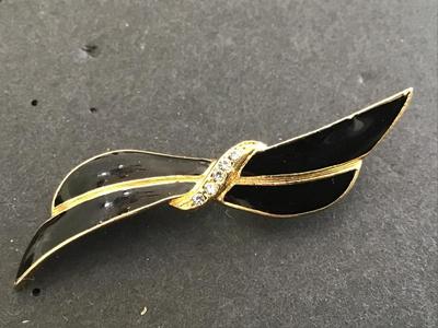 Black Enamel Rhinestone Brooch