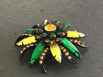 Vintage Selro Selini Brooch Japanned Amber Green Yellow Marquise Glass