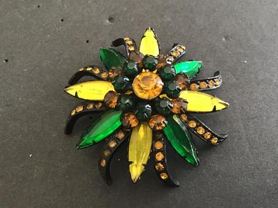 Vintage Selro Selini Brooch Japanned Amber Green Yellow Marquise Glass
