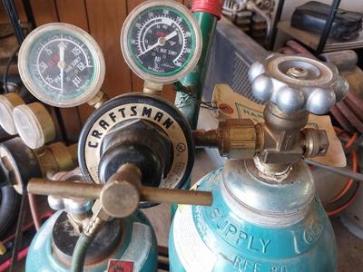 TWO TANKS WITH GAUGES ON PULL STAND