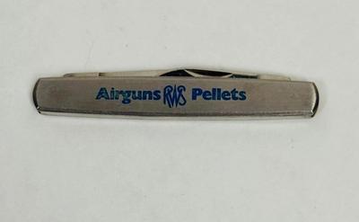 Sale Photo Thumbnail #65: 2 folding blades.  Marked "Dynabil Nobel" on one side and "Airguns RWS Pellets" on the other. Stainless steel blades, made in Japan.