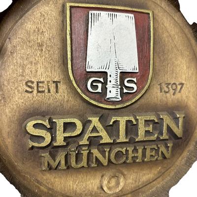 Sale Photo Thumbnail #859: Vintage Spaten Munchen Man Cave Bar Decor Wall Hanging- a bit nicked with one chunk missing as shown in photo.