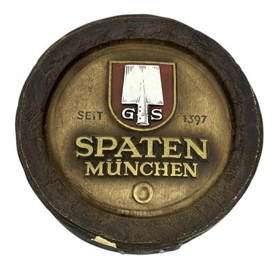 Sale Photo Thumbnail #853: Vintage Spaten Munchen Man Cave Bar Decor Wall Hanging- a bit nicked with one chunk missing as shown in photo.