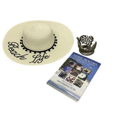 Sale Photo Thumbnail #874: Beachy Keen! 3 Beach Items- Beach Life Sun Hat, Book (Living Beaches of Georgia and the Carolinas) , and Candleholder