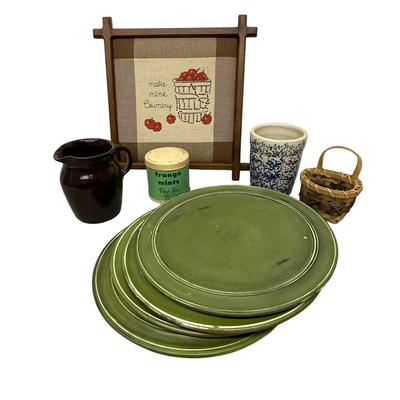 Sale Photo Thumbnail #875: Box of Misc. Kitchen/Decor items- 4 Green Plate Chargers, Embroidered Picture, 2 Ceramic Pieces, Basket, and  Frango Mints container