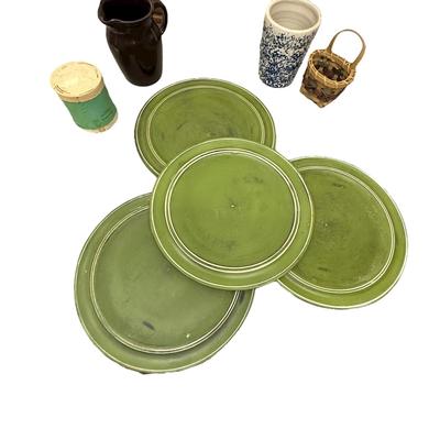 Sale Photo Thumbnail #876: Box of Misc. Kitchen/Decor items- 4 Green Plate Chargers, Embroidered Picture, 2 Ceramic Pieces, Basket, and  Frango Mints container
