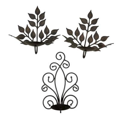Sale Photo Thumbnail #900: 3 metal Wrought Iron Black Wall Hanging Candleholders
Pair are 11" tall, single is 13" tall