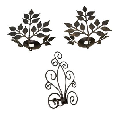 Sale Photo Thumbnail #906: 3 metal Wrought Iron Black Wall Hanging Candleholders
Pair are 11" tall, single is 13" tall