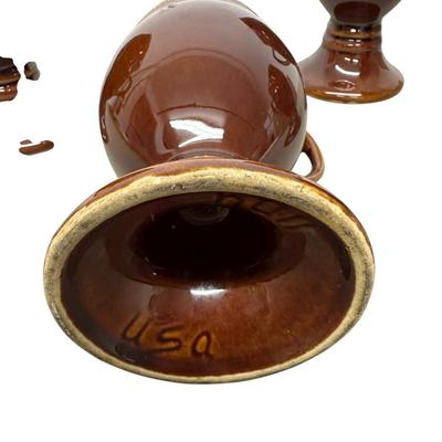 Sale Photo Thumbnail #918: 4 Hull Pottery Tall Brown Stemmed Mugs - one has chip on base as shown in photo
