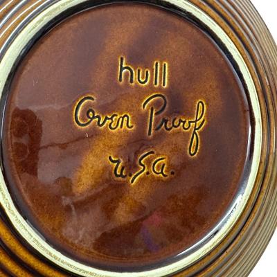 Sale Photo Thumbnail #934: 6 Hull Pottery USA Brown Dinner Plates 10 1/2" Oven Proof - one has chip on base as shown in photo
