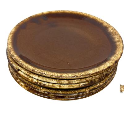 Sale Photo Thumbnail #930: 6 Hull Pottery USA Brown Dinner Plates 10 1/2" Oven Proof - one has chip on base as shown in photo