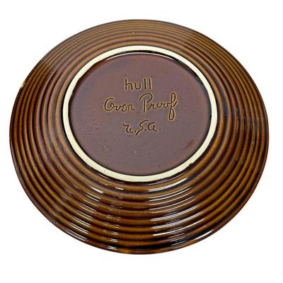 Sale Photo Thumbnail #932: 6 Hull Pottery USA Brown Dinner Plates 10 1/2" Oven Proof - one has chip on base as shown in photo