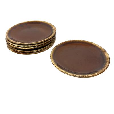Sale Photo Thumbnail #929: 6 Hull Pottery USA Brown Dinner Plates 10 1/2" Oven Proof - one has chip on base as shown in photo