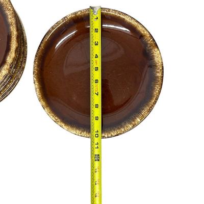 Sale Photo Thumbnail #931: 6 Hull Pottery USA Brown Dinner Plates 10 1/2" Oven Proof - one has chip on base as shown in photo