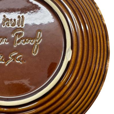 Sale Photo Thumbnail #933: 6 Hull Pottery USA Brown Dinner Plates 10 1/2" Oven Proof - one has chip on base as shown in photo