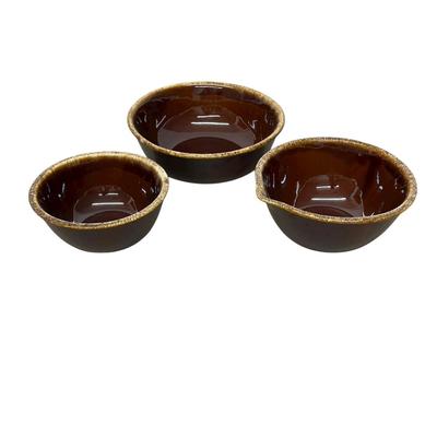 Sale Photo Thumbnail #935: Hull Pottery USA Brown 3 Serving/ Mixing Bowls 
"HP & Co." "Oven Proof"
Approx. 7", 8", and 10"
no chips noticed