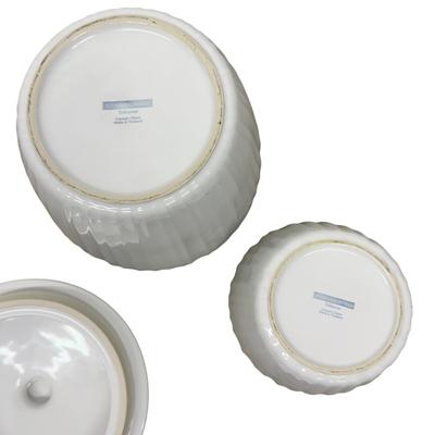 Sale Photo Thumbnail #971: 2 Matching Corning White Jars with Lids- no chips - 6' and 8" tall with lids on
