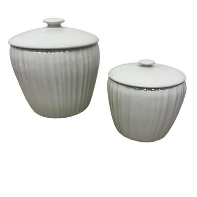 Sale Photo Thumbnail #966: 2 Matching Corning White Jars with Lids- no chips - 6' and 8" tall with lids on