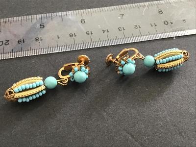 Miriam Haskell Turquoise And Gold Tone Clip on Earrings