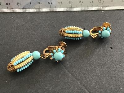 Miriam Haskell Turquoise And Gold Tone Clip on Earrings