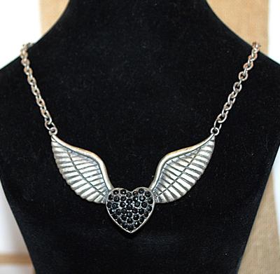 "FLYING HEART" (2¾" x 1½") NECKLACE with Black Stones, Silver Colored Wings & Lobster Clasp 15" L