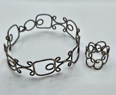 LOT 90: Sterling Silver Jewelry Including Bangle Bracelet with Matching Ring, Chain, and Poodle Pin /21.6 gtw