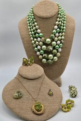 LOT 91: Beautiful Vintage Green Bead Necklace, Gold-tone Chain with Multiple Charms, Clip Earrings, and More