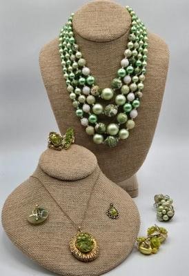 LOT 91: Beautiful Vintage Green Bead Necklace, Gold-tone Chain with Multiple Charms, Clip Earrings, and More