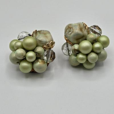 LOT 91: Beautiful Vintage Green Bead Necklace, Gold-tone Chain with Multiple Charms, Clip Earrings, and More