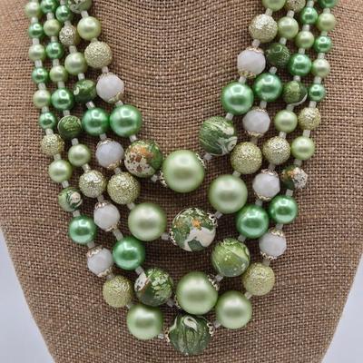 LOT 91: Beautiful Vintage Green Bead Necklace, Gold-tone Chain with Multiple Charms, Clip Earrings, and More