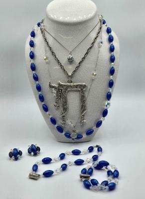 LOT 92: Vintage Blue Beaded Necklace with Matching Earrings and Bracelets, Silver-tone Chain Necklace with Large Pendant, and More