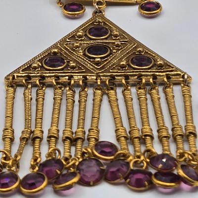 LOT 106: Two Necklace and Clip Earrings Sets and Gold-tone Chain with Purple Glass Stone Pendant