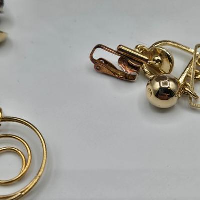 LOT 106: Two Necklace and Clip Earrings Sets and Gold-tone Chain with Purple Glass Stone Pendant