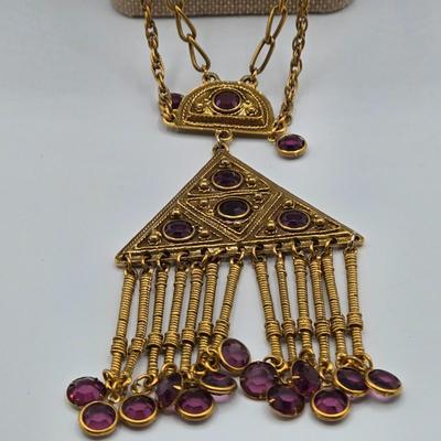 LOT 106: Two Necklace and Clip Earrings Sets and Gold-tone Chain with Purple Glass Stone Pendant