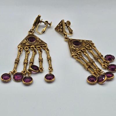 LOT 106: Two Necklace and Clip Earrings Sets and Gold-tone Chain with Purple Glass Stone Pendant
