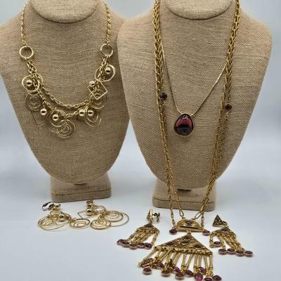 LOT 106: Two Necklace and Clip Earrings Sets and Gold-tone Chain with Purple Glass Stone Pendant