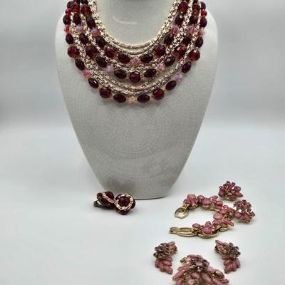 LOT 109: Beautiful Vintage Multi Strand Necklace with Matching Clip Earrings, Brooch with Matching Clip Earrings, and Bracelet with...