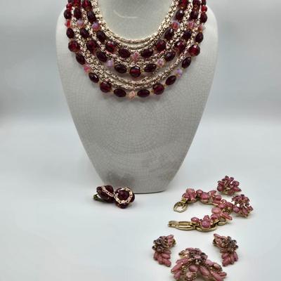 LOT 109: Beautiful Vintage Multi Strand Necklace with Matching Clip Earrings, Brooch with Matching Clip Earrings, and Bracelet with...
