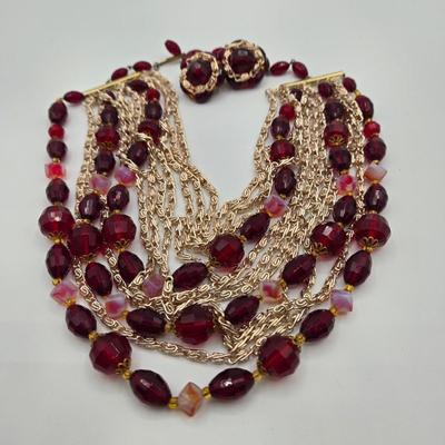 LOT 109: Beautiful Vintage Multi Strand Necklace with Matching Clip Earrings, Brooch with Matching Clip Earrings, and Bracelet with...